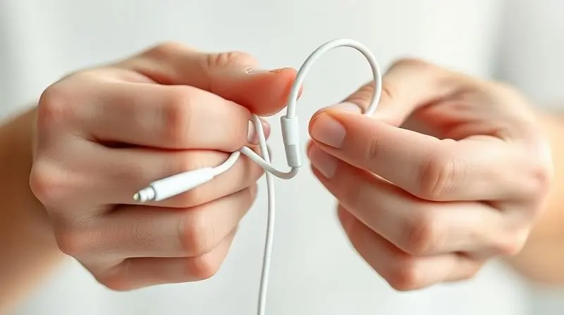 Mãos de uma pessoa enrolando o cabo de um fone de ouvido branco com a técnica correta para guardar e evitar que o fio se danifique.