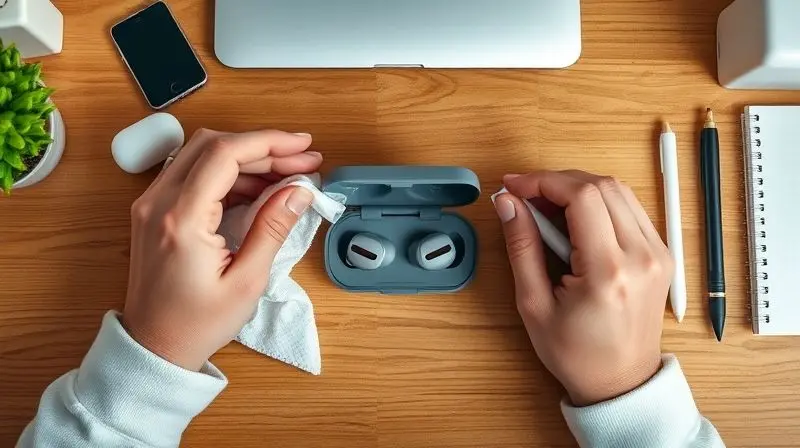 Mãos utilizando um kit de limpeza com pano de microfibra para higienizar cuidadosamente um par de fones de ouvido, garantindo sua durabilidade.