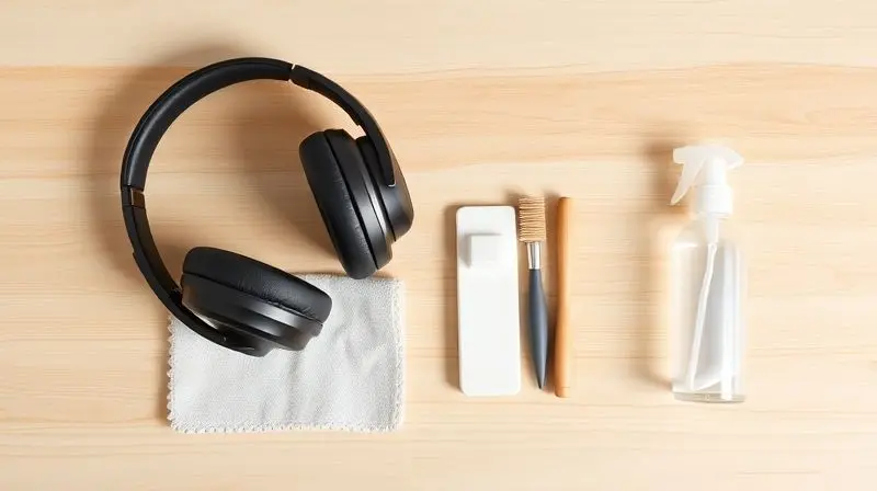 Kit de limpeza para fones de ouvido, com pano de microfibra e escova, demonstrando os cuidados essenciais de conservação do aparelho.