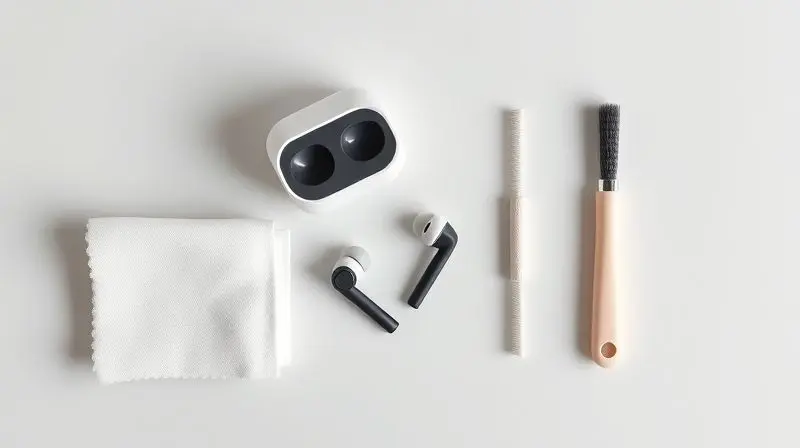 Um kit de limpeza com pano de microfibra e escova macia ao lado de um par de fones de ouvido, demonstrando o cuidado e a manutenção do aparelho.