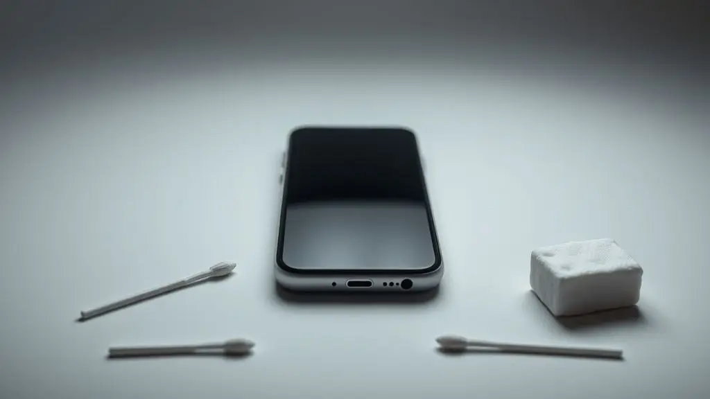 Guia sobre como limpar a entrada do fone de ouvido de um celular, com o aparelho e as ferramentas de limpeza em destaque.