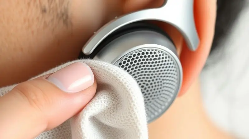 Pessoa realizando a limpeza cuidadosa de um fone de ouvido com um pano de microfibra macio para remover sujeira sem danificar o aparelho.