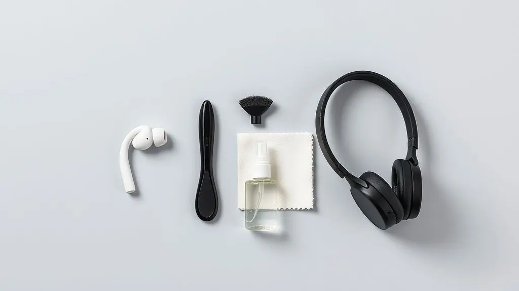 Kit de limpeza profissional ao lado de um fone de ouvido intra-auricular branco e um headphone preto, demonstrando como limpar fones de ouvido.