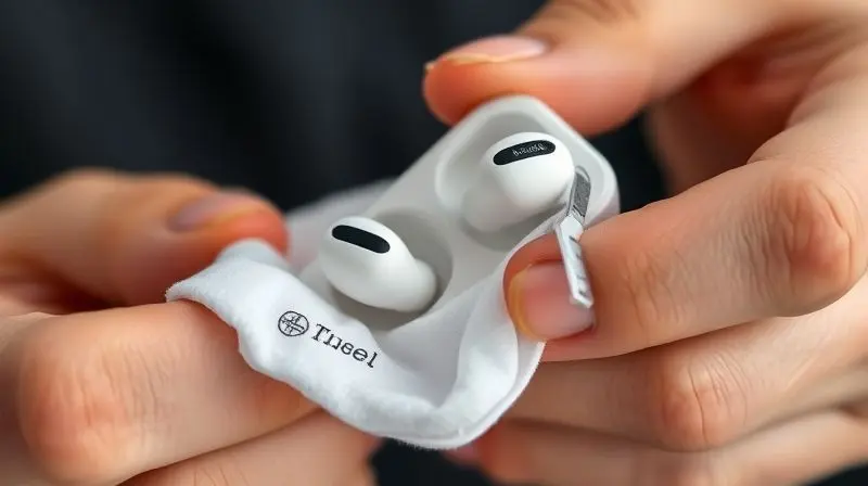 Close-up de mãos limpando cuidadosamente fones de ouvido sem fio com um pano de microfibra e ferramentas de limpeza adequadas.