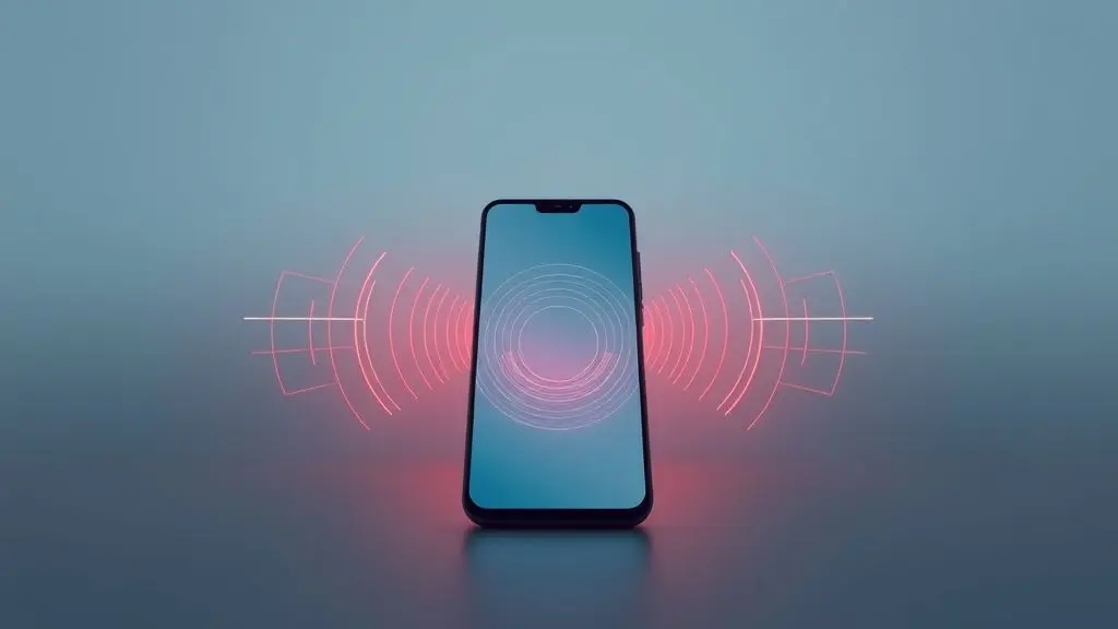 Um smartphone moderno e sem marca no centro de uma imagem com fundo limpo de estúdio, com ondas de rádio estilizadas saindo da tela.