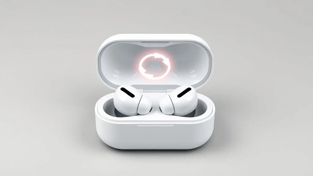 Um par de fones de ouvido Bluetooth modernos e sem marca em seu estojo de carregamento, com um ícone de reset simbolizando o guia passo a passo.
