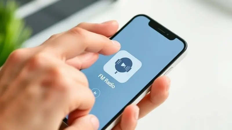 Close-up de um dedo apontando para o ícone de um aplicativo de 'Rádio FM' na tela de um smartphone para verificar se o aparelho possui a função integrada.