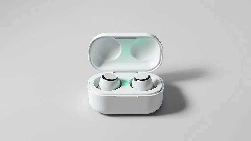 Par de fones de ouvido Bluetooth brancos dentro do estojo de carregamento aberto, com uma luz de LED verde acesa indicando que a bateria está cheia.