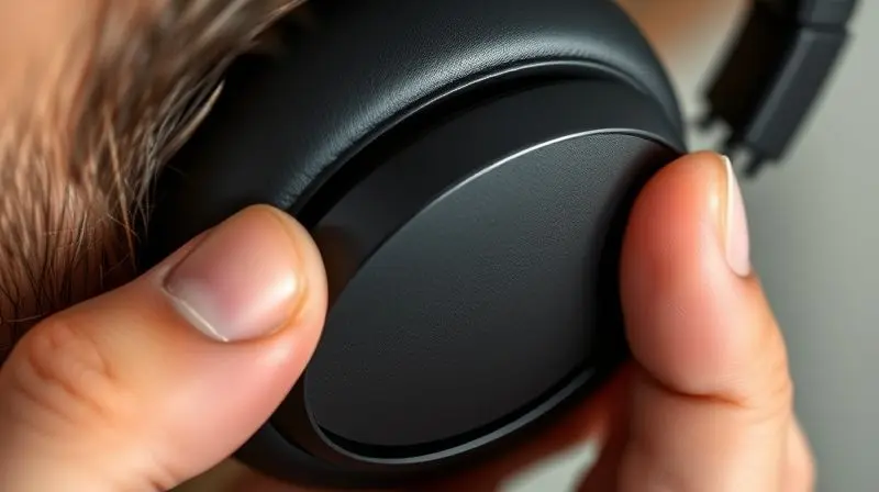 Close-up de uma pessoa inspecionando a costura e o material de alta qualidade de um fone de ouvido para verificar a originalidade.