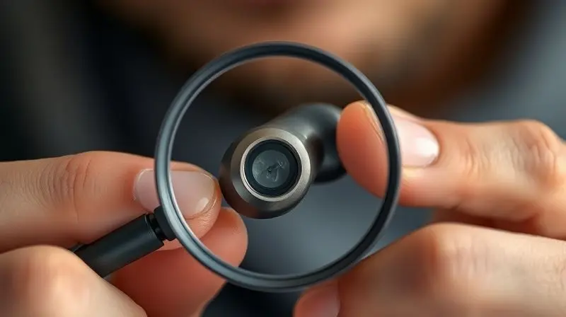 Pessoa inspecionando um fone de ouvido com uma lupa para verificar a autenticidade e os detalhes de construção do produto.