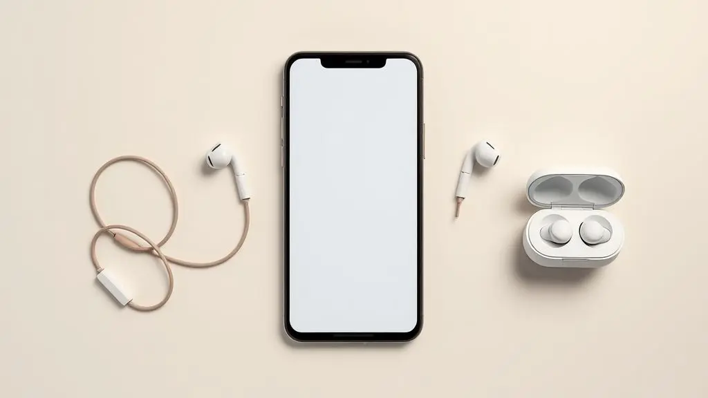 Guia completo sobre como usar fones de ouvido no iPhone, com um smartphone, fone com fio e fone sem fio sobre uma superfície minimalista.