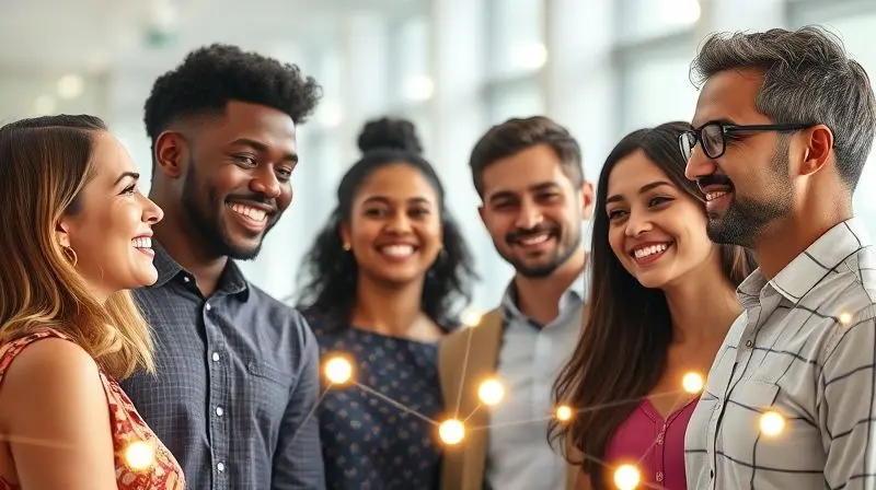 Grupo de pessoas de diversas nacionalidades conversando com a ajuda de fones tradutores, simbolizando a compatibilidade de idiomas e dialetos.