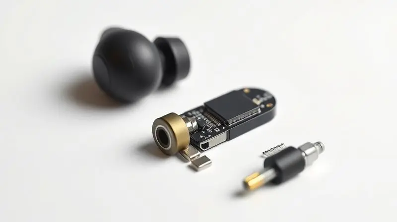 Visão macro dos componentes internos essenciais de um fone de ouvido sem fio, incluindo bateria, driver e circuito, organizados em uma superfície branca.