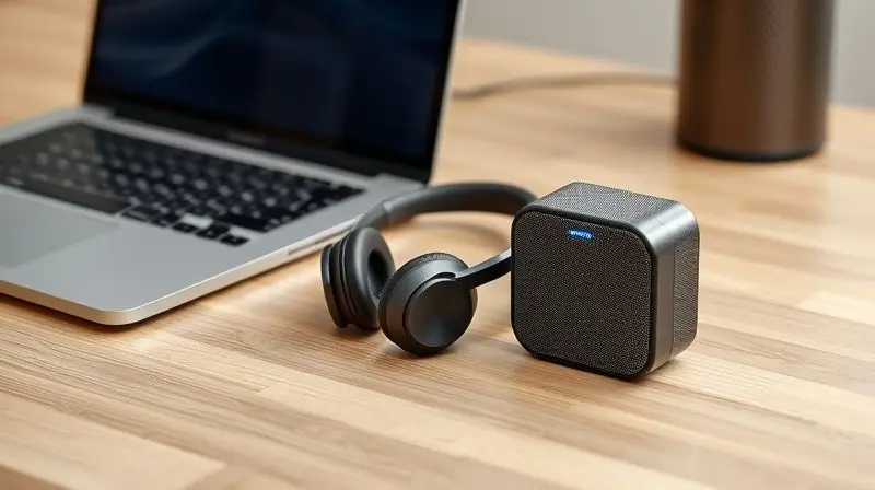 Fones de ouvido e uma caixa de som sem fio modernos conectados via Bluetooth, mostrando exemplos de dispositivos de áudio compatíveis.