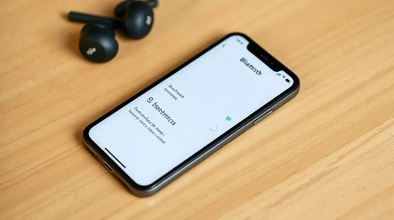 Smartphone ao lado de fones de ouvido sem fio, com um ícone de Bluetooth indicando o processo de conexão.