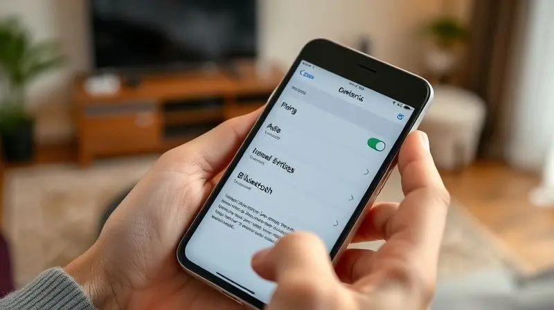 Close-up de uma mão segurando um smartphone com a tela de configurações de Bluetooth aberta, pareando com um fone de ouvido sem fio.