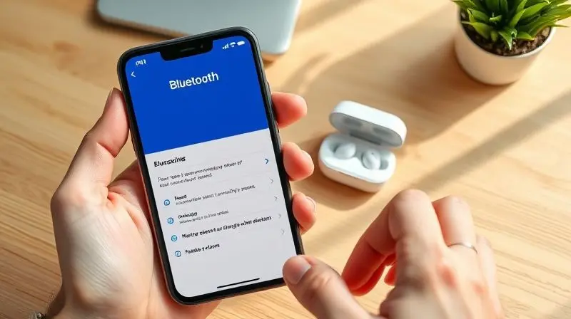 Passo a passo visual de como conectar um fone de ouvido sem fio a um celular, mostrando a tela de configurações Bluetooth do smartphone.