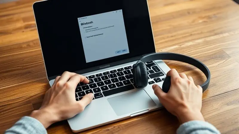 Cena de uma pessoa conectando fones de ouvido Bluetooth a um notebook moderno sobre uma mesa de trabalho de madeira.