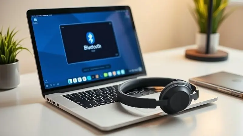 Imagem de um notebook e um fone de ouvido Bluetooth sobre uma mesa, ilustrando o processo de como conectar os dispositivos a um PC.