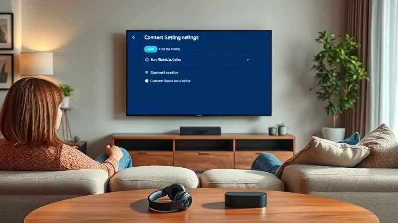 Interface de uma Smart TV mostrando o menu de configurações para conectar um fone de ouvido via Bluetooth, em uma sala de estar.