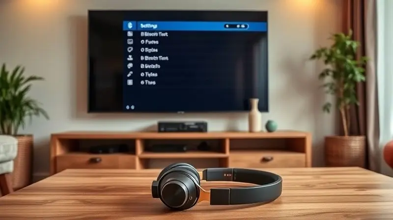 Ambiente de sala de estar com uma Smart TV exibindo o menu de conexão Bluetooth e um fone sem fio no primeiro plano.