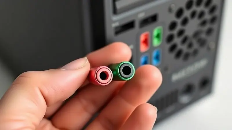 Mão de uma pessoa prestes a conectar os cabos P2 de um fone de ouvido nas entradas coloridas de áudio e microfone de um computador.