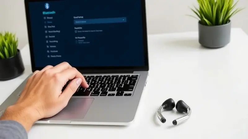 Usuário conectando fones de ouvido sem fio a um notebook, com a tela do computador aberta nas configurações de Bluetooth.