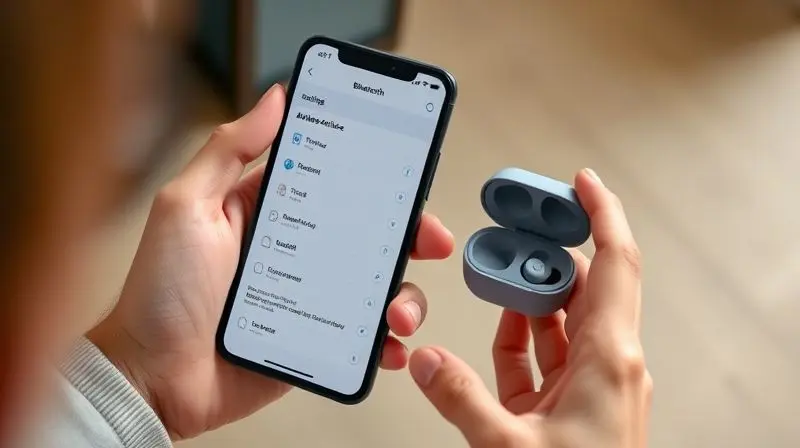 Pessoa conectando fone de ouvido TWS a um smartphone, com a tela do celular mostrando a lista de dispositivos Bluetooth para pareamento.