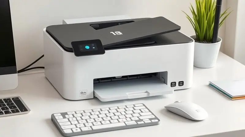 Uma impressora, mouse e teclado sem fio conectados em uma mesa de escritório, exemplificando a conexão de periféricos via Bluetooth.