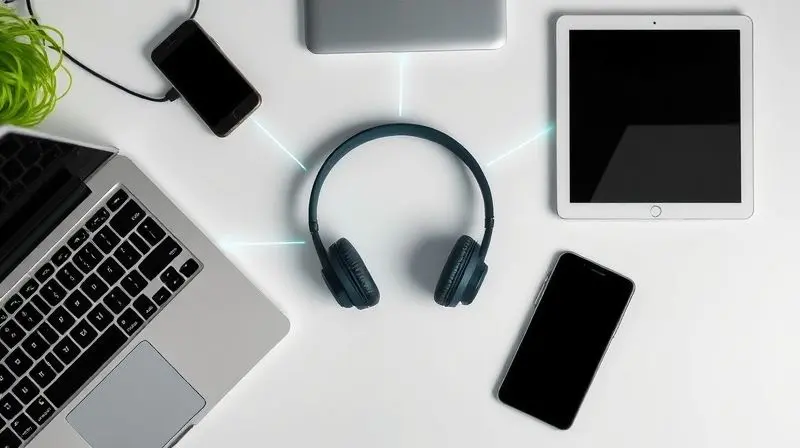 Fone de ouvido conectado simultaneamente a um notebook, smartphone e tablet, ilustrando a conectividade multiponto e compatibilidade.
