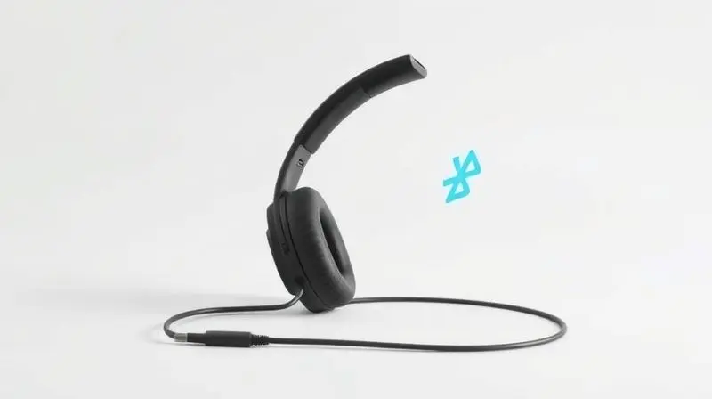 Fone de ouvido exibindo as duas opções de conexão: um cabo P2/USB para modo com fio e um símbolo de Bluetooth para o modo sem fio.