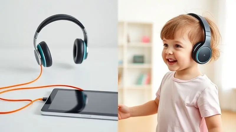 Comparativo de um fone infantil com fio conectado a um tablet e um modelo sem fio sendo usado por uma criança que se movimenta livremente.