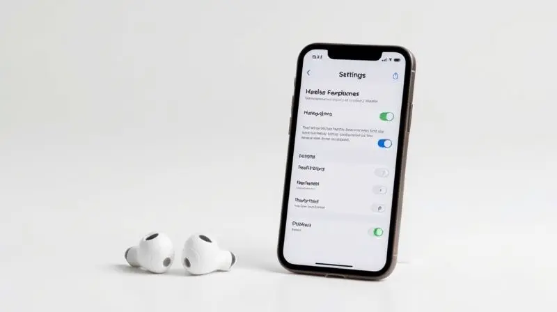 Tela de um iPhone mostrando as configurações de 'Adaptações de Fone de Ouvido' ao lado de um par de fones de ouvido sem fio.