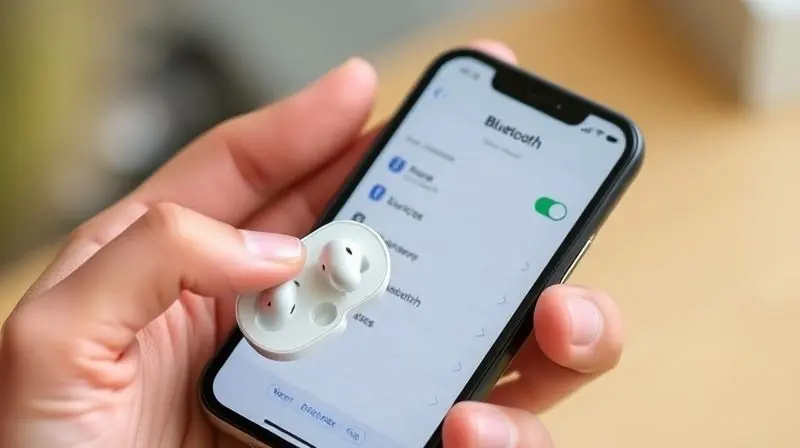 Pessoa segurando um smartphone com a tela de configurações de Bluetooth aberta para conectar um novo par de fones de ouvido sem fio.