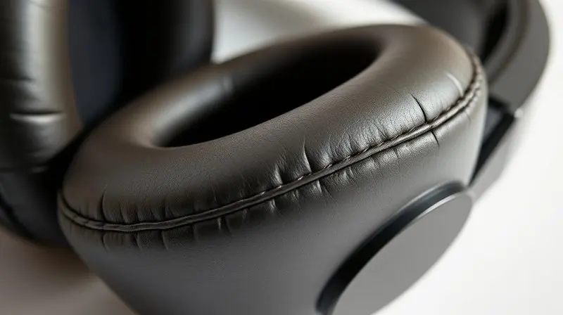 Close-up da almofada de couro macio de um fone de ouvido, destacando o material premium para ilustrar o conforto, ajuste e design do produto.