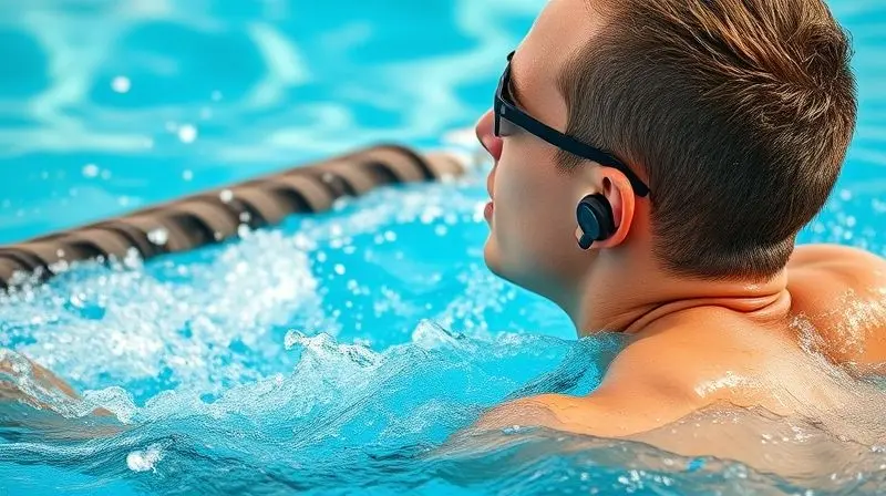Nadadora profissional com touca e óculos de natação, usando fones de ouvido com ajuste seguro e confortável que permanecem no lugar durante o nado.