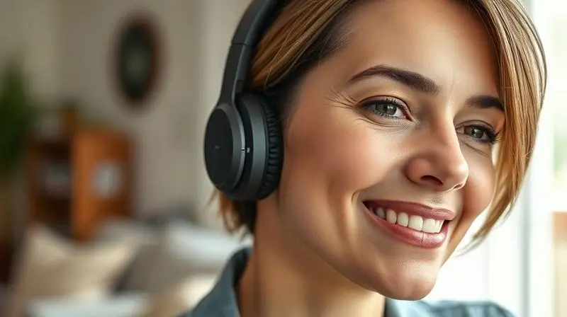 Pessoa usando um fone de ouvido over-ear de forma confortável em um ambiente tranquilo, destacando o conforto e o design do produto.