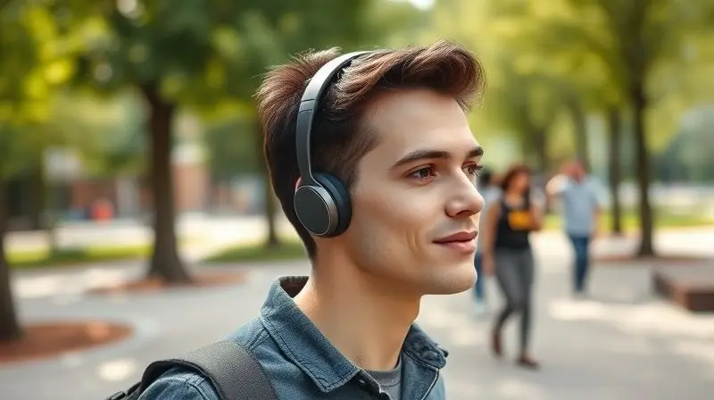 Pessoa utilizando um fone de ouvido com design moderno e confortável em um ambiente urbano, destacando a portabilidade e o conforto do produto.