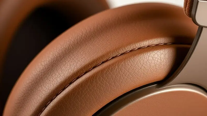 Close-up extremo na almofada de couro de um fone de ouvido, destacando a textura macia e a costura para mostrar conforto e durabilidade.