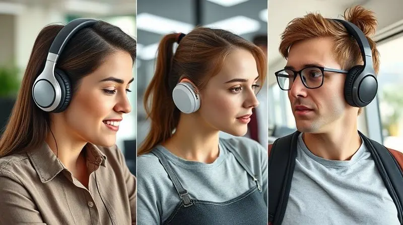 Pessoas com diferentes estilos de vida usando vários formatos de fones de ouvido (over-ear, in-ear) com conforto em seus ambientes.