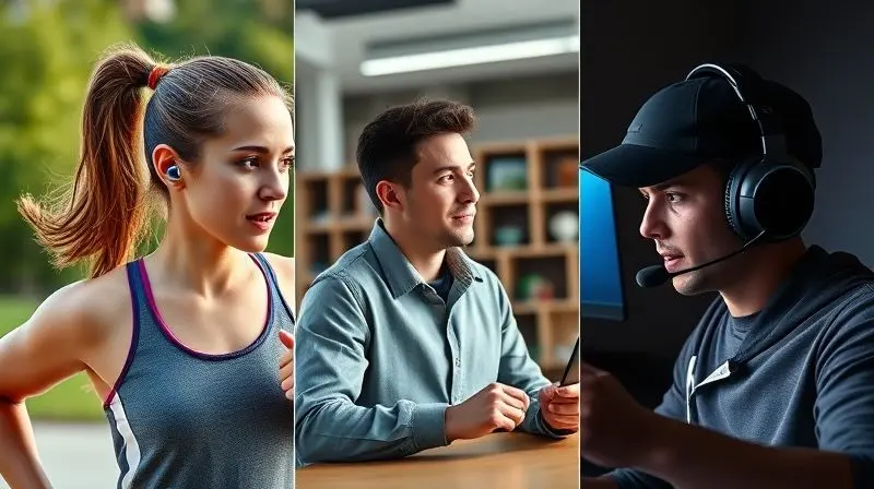Pessoas usando diferentes fones de ouvido em cenários de uso como esportes, trabalho no escritório e durante jogos online.