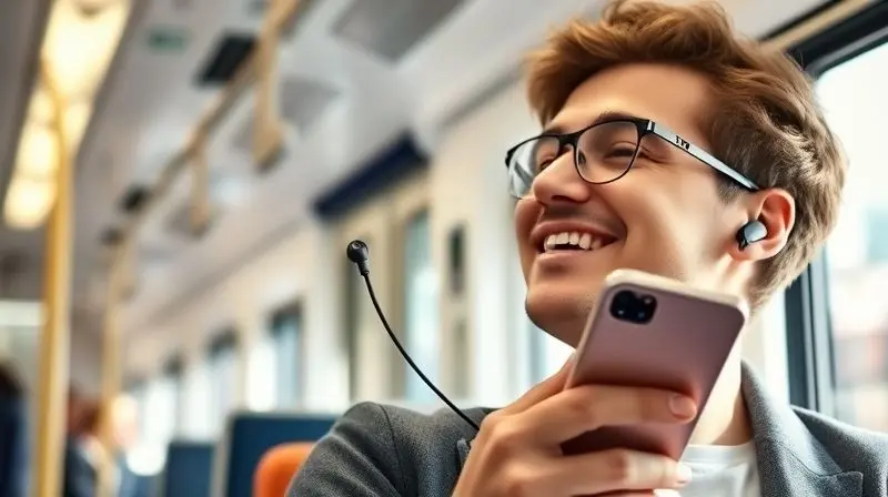 Pessoa utilizando fones de ouvido tipo C conectados a um smartphone em um ambiente urbano moderno, destacando a conveniência da conexão direta.
