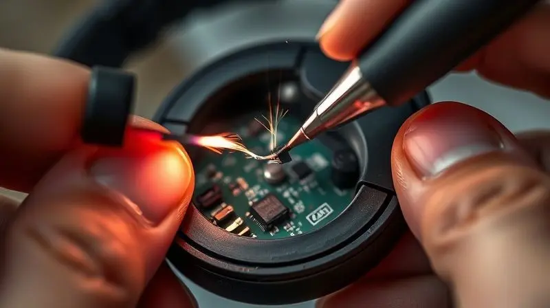 Reparo de fio solto dentro de um fone de ouvido, com um ferro de solda sendo usado para consertar a conexão no circuito interno do aparelho.