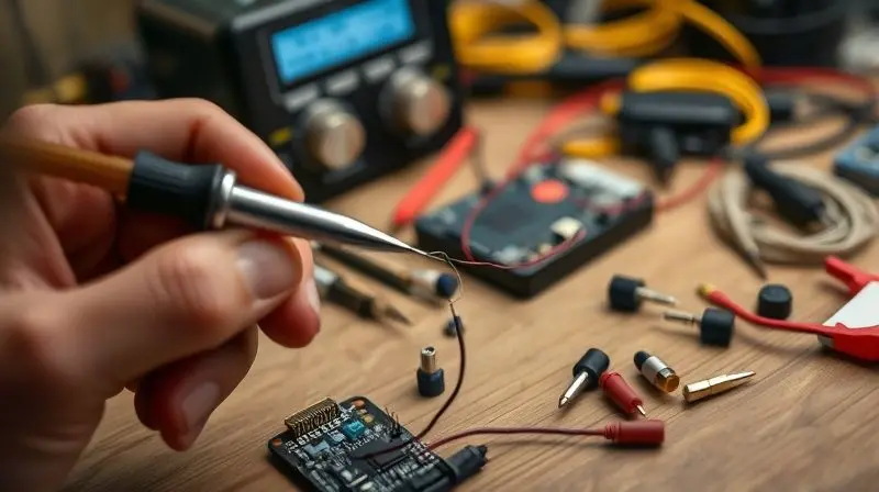 Close-up mostrando o processo de como consertar o fio de um fone de ouvido com um ferro de solda e ferramentas de precisão em uma bancada.