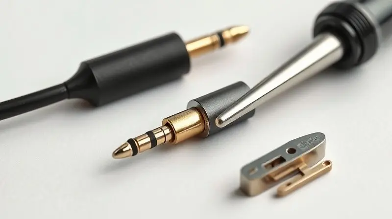 Ferramentas e um novo conector P2 preparados para consertar o plug quebrado de um fone de ouvido, ilustrando a troca da peça.