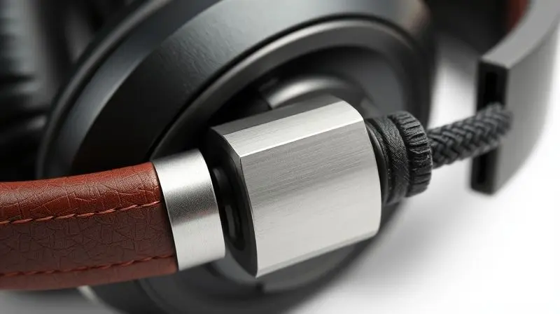 Detalhe dos materiais de construção de um fone de ouvido durável, mostrando a textura do couro, o metal da estrutura e o cabo trançado.