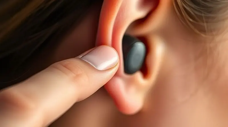 Dedo tocando a lateral de um fone de ouvido sem fio na orelha de uma pessoa para ativar os controles de toque por gestos.