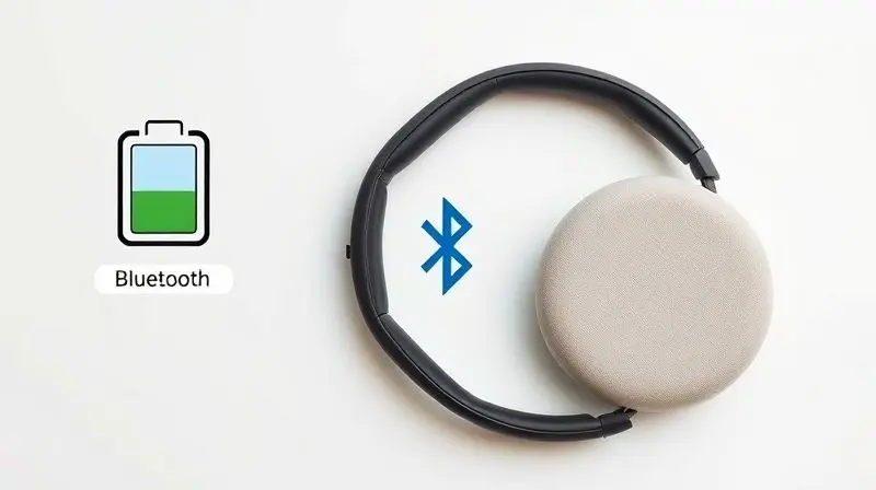 Ícones representando bateria, conectividade Bluetooth e conforto, critérios essenciais para escolher um bom fone de ouvido sem fio.