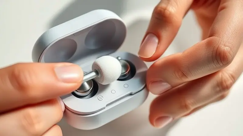 Pessoa limpando os contatos de carregamento de um fone de ouvido Bluetooth com um cotonete para garantir o bom funcionamento da bateria.