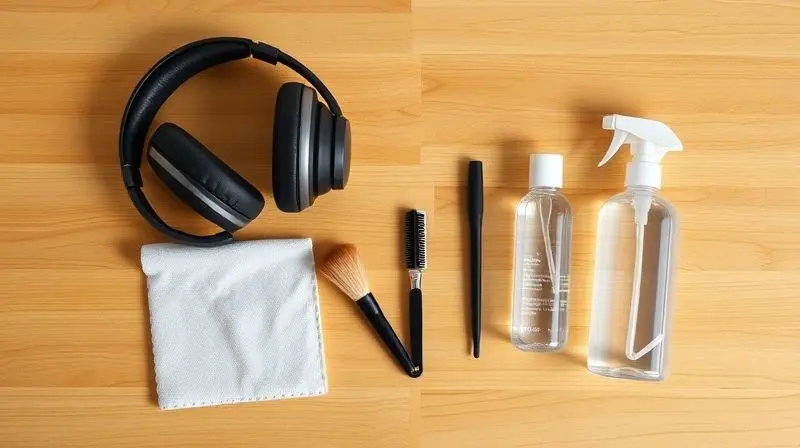 Kit de limpeza e manutenção para fones de ouvido, com pano de microfibra e escova, organizado ao lado de um fone para demonstrar cuidados.